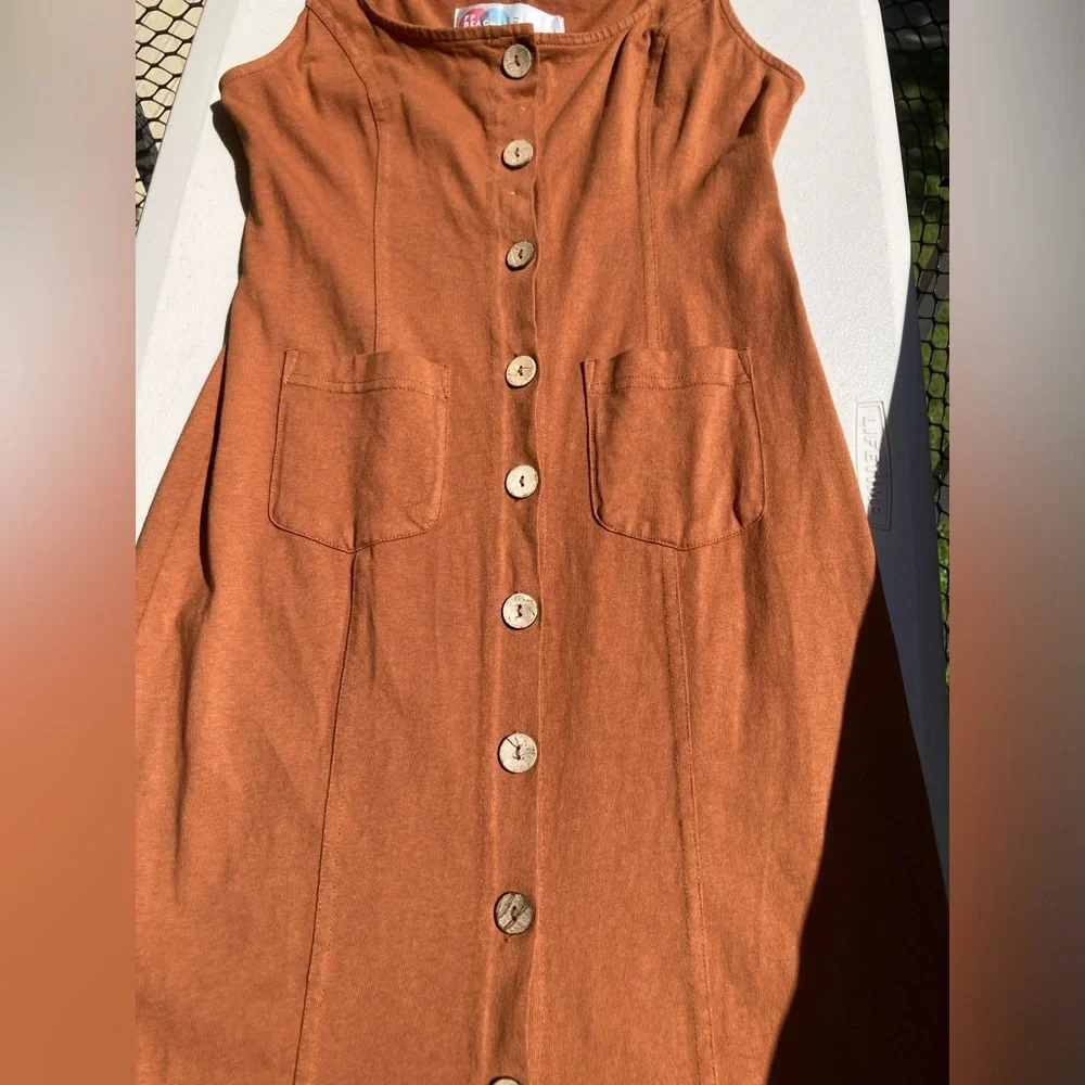 Free People 100% Cotton Wooden Button Front Pocket Front Orange Brown Dress